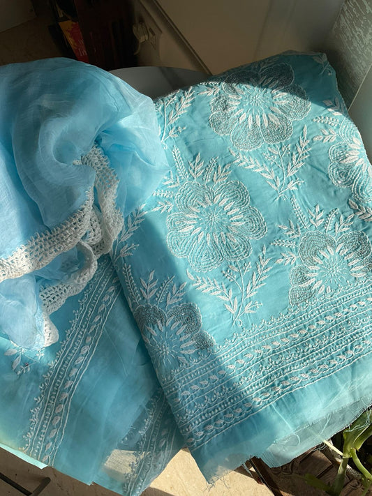 Pure Cotton Voile Kurta Set with Chikankari & Aari-Cutdana Work with Chiffon Dupatta (Set of 3) (Unstitched)