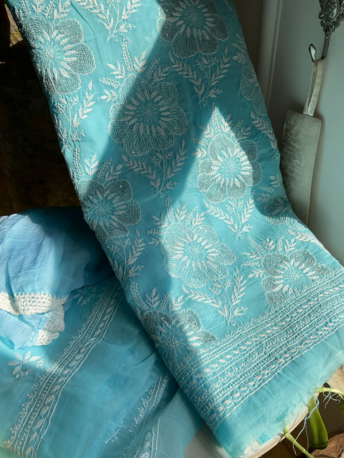 Pure Cotton Voile Kurta Set with Chikankari & Aari-Cutdana Work with Chiffon Dupatta (Set of 3) (Unstitched)