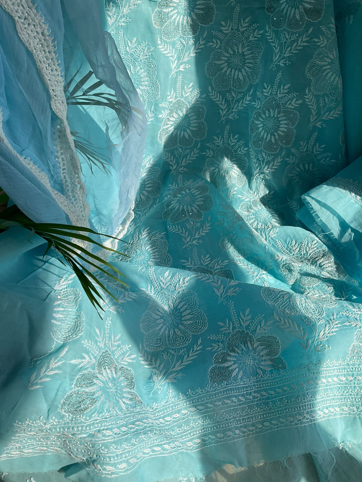 Pure Cotton Voile Kurta Set with Chikankari & Aari-Cutdana Work with Chiffon Dupatta (Set of 3) (Unstitched)