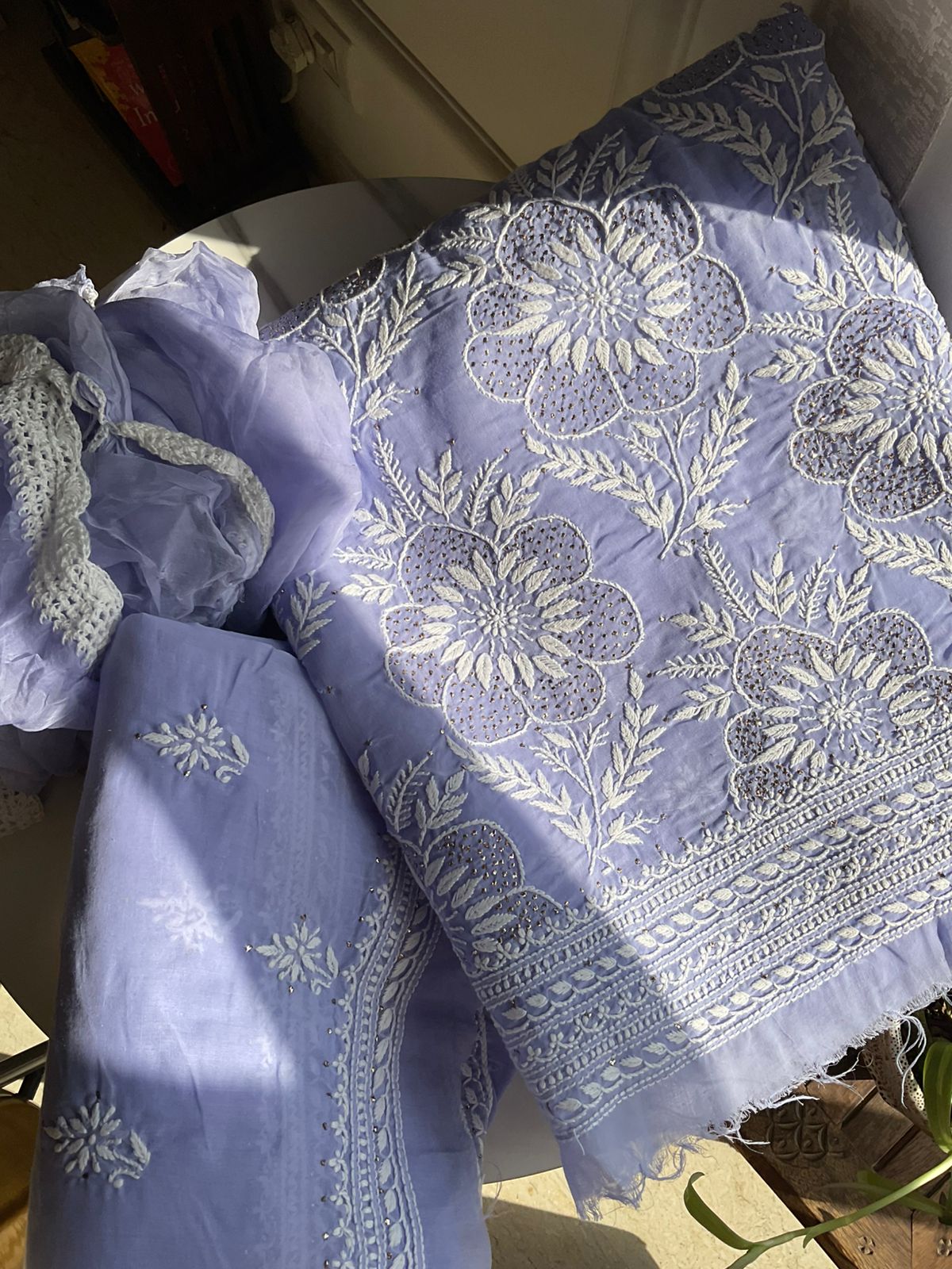 Pure Cotton Voile Kurta Set with Chikankari & Mukaish Work Chiffon Dupatta (Set of 3) (Unstitched)