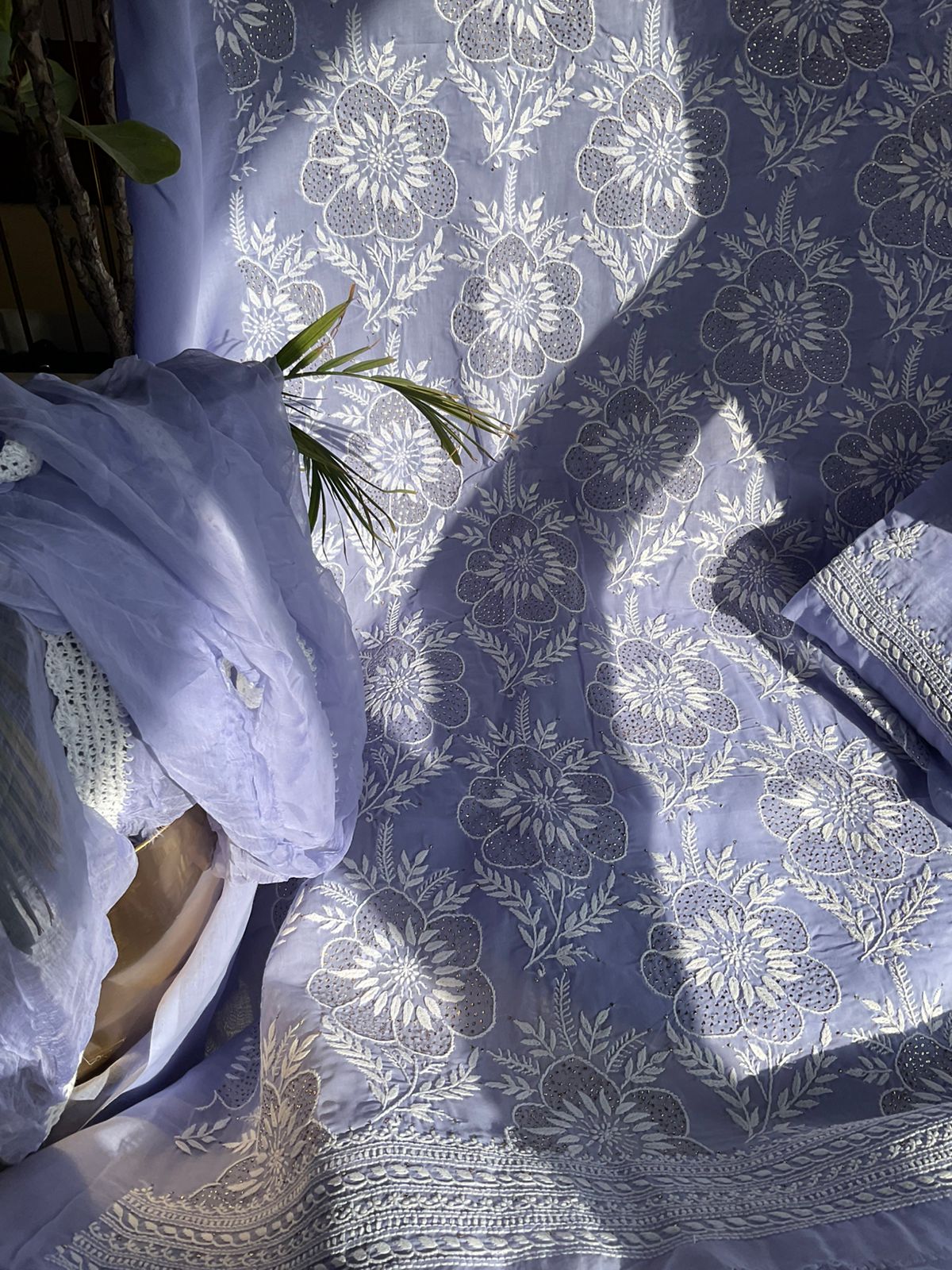 Pure Cotton Voile Kurta Set with Chikankari & Mukaish Work Chiffon Dupatta (Set of 3) (Unstitched)