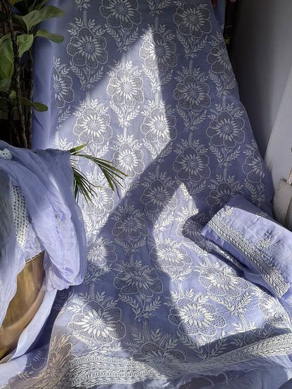 Pure Cotton Voile Kurta Set with Chikankari & Mukaish Work Chiffon Dupatta (Set of 3) (Unstitched)