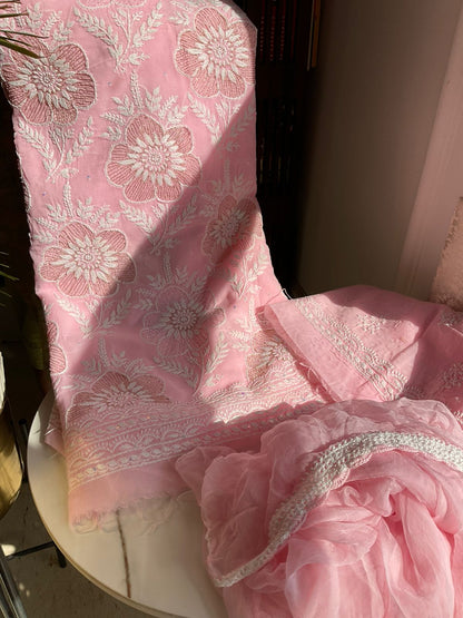 Pure Cotton Voile Kurta Set with Chikankari & Aari Work with Chiffon Dupatta (Set of 3) (Unstitched)