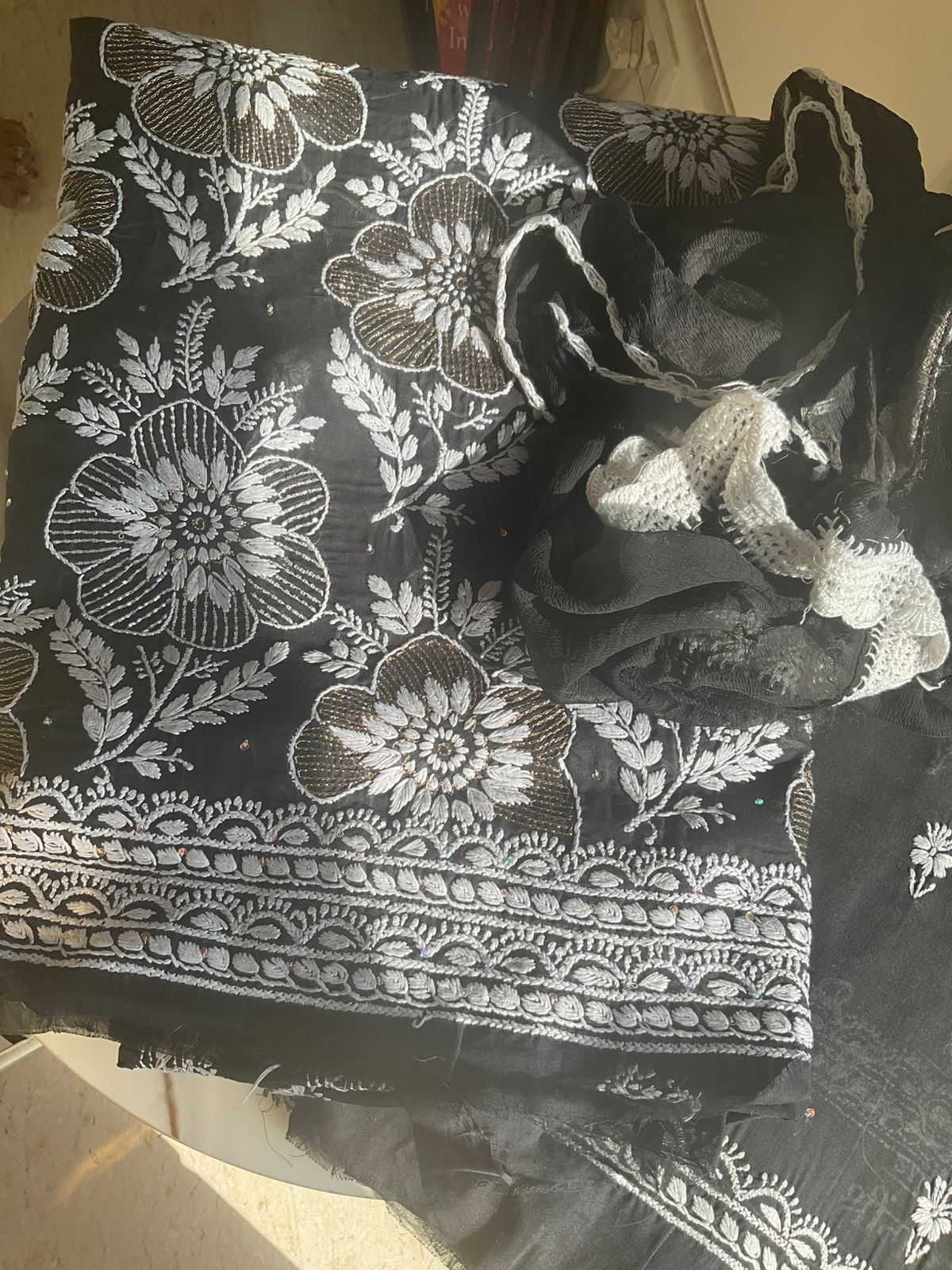 Pure Cotton Voile Kurta Set with Chikankari & Aari Work with Chiffon Dupatta (Set of 3) (Unstitched)