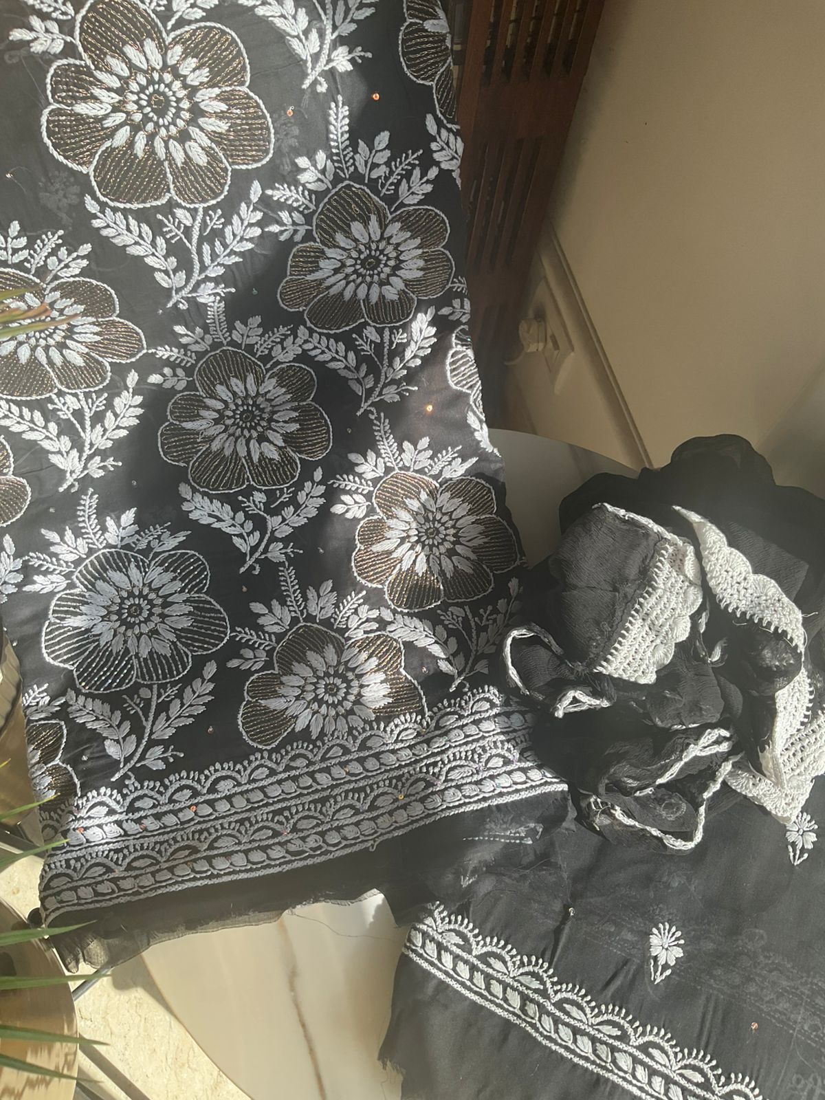 Pure Cotton Voile Kurta Set with Chikankari & Aari Work with Chiffon Dupatta (Set of 3) (Unstitched)