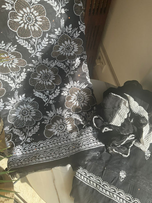 Pure Cotton Voile Kurta Set with Chikankari & Aari Work with Chiffon Dupatta (Set of 3) (Unstitched)