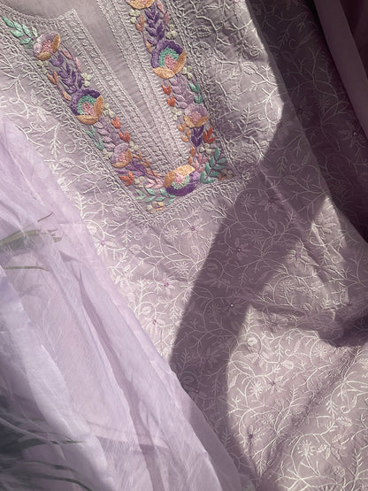 Pure Cotton Voile Kurta Set with Chikankari & Parsi Work with Chiffon Dupatta (Set of 3) (Unstitched)