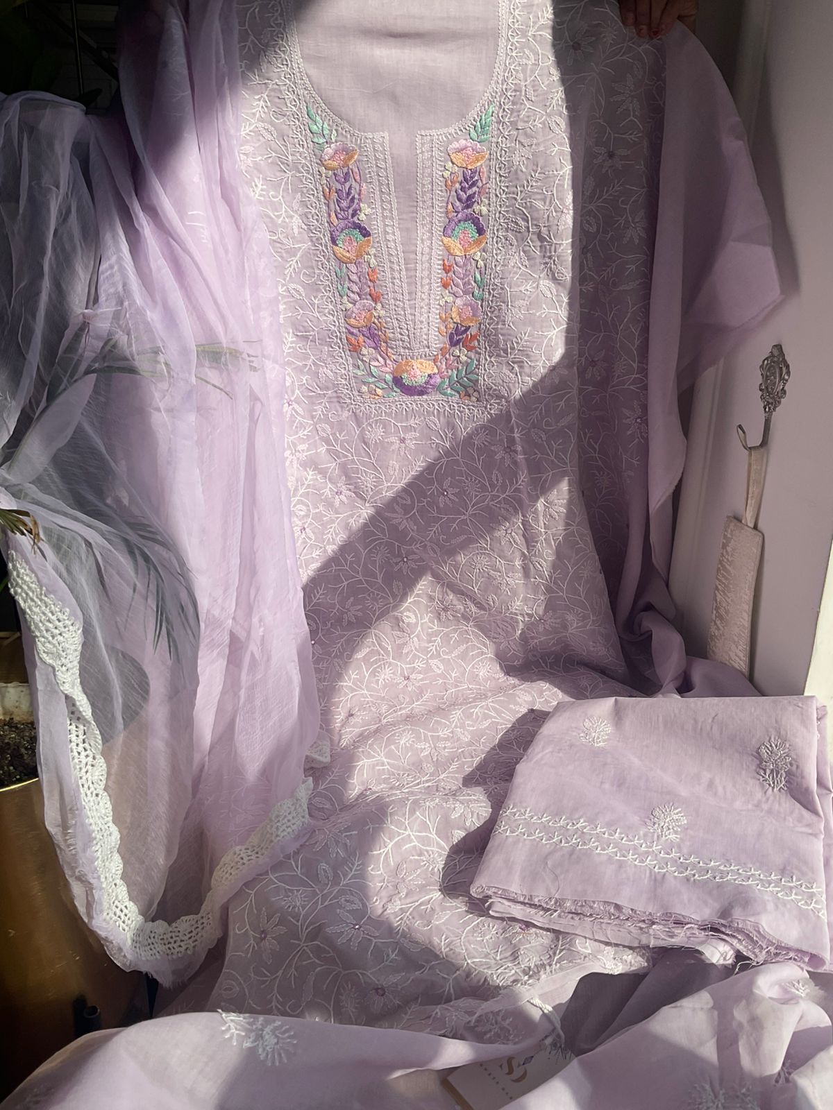 Pure Cotton Voile Kurta Set with Chikankari & Parsi Work with Chiffon Dupatta (Set of 3) (Unstitched)