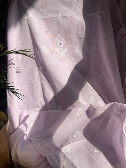 Pure Cotton Voile Kurta Set with Chikankari & Parsi Work with Chiffon Dupatta (Set of 3) (Unstitched)
