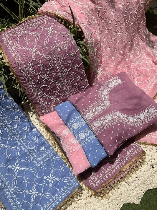 Pure Mulmul Kurta Set with Chikankari & Pearl Embellished Dupatta (Set of 3) (Unstitched)