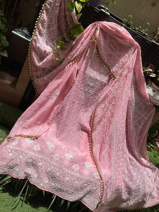 Pure Mulmul Kurta Set with Chikankari & Pearl Embellished Dupatta (Set of 3) (Unstitched)