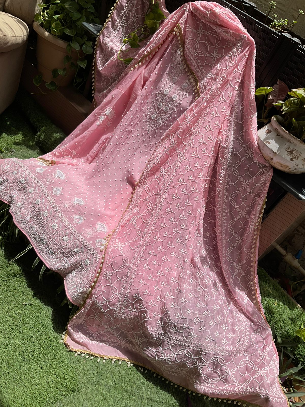 Pure Mulmul Kurta Set with Chikankari & Pearl Embellished Dupatta (Set of 3) (Unstitched)