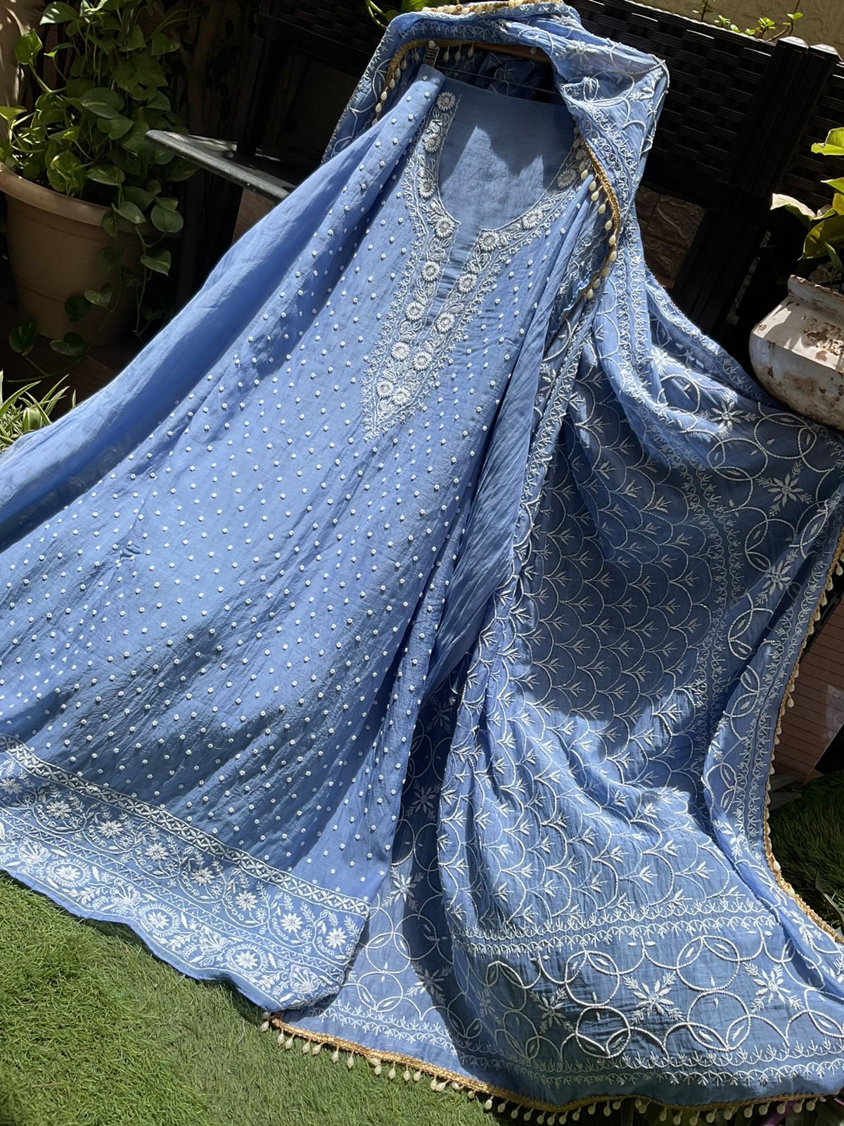 Pure Mulmul Kurta Set with Chikankari & Pearl Embellished Dupatta (Set of 3) (Unstitched)