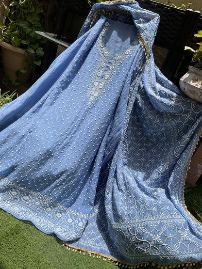 Pure Mulmul Kurta Set with Chikankari & Pearl Embellished Dupatta (Set of 3) (Unstitched)
