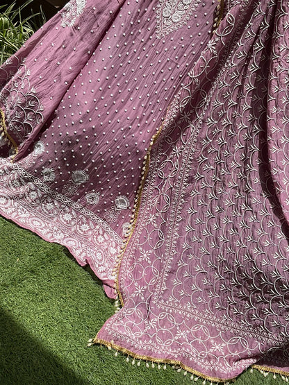 Pure Mulmul Kurta Set with Chikankari & Pearl Embellished Dupatta (Set of 3) (Unstitched)