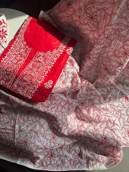 Ensemble Kurta en voile de pur coton avec motifs Chikankari et travail Jaal avec Dupatta en Mulmul (Lot de 2) (Non cousu)