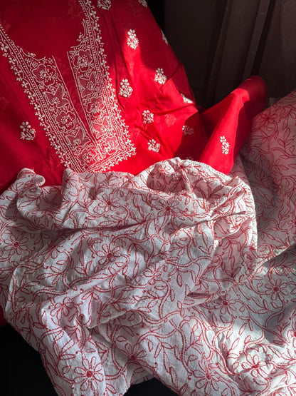 Ensemble Kurta en voile de pur coton avec motifs Chikankari et travail Jaal avec Dupatta en Mulmul (Lot de 2) (Non cousu)