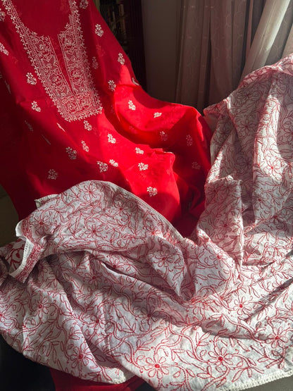 Ensemble Kurta en voile de pur coton avec motifs Chikankari et travail Jaal avec Dupatta en Mulmul (Lot de 2) (Non cousu)