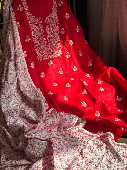 Ensemble Kurta en voile de pur coton avec motifs Chikankari et travail Jaal avec Dupatta en Mulmul (Lot de 2) (Non cousu)