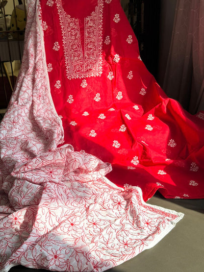 Ensemble Kurta en voile de pur coton avec motifs Chikankari et travail Jaal avec Dupatta en Mulmul (Lot de 2) (Non cousu)