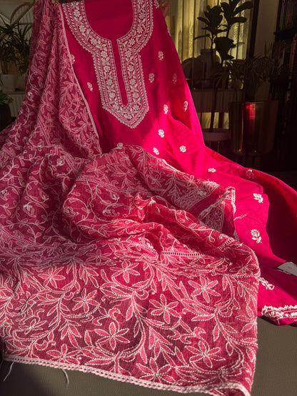 Ensemble Kurta en voile de pur coton avec motifs Chikankari Boota et Jaal et dupatta Kota (ensemble de 2) (non cousu)