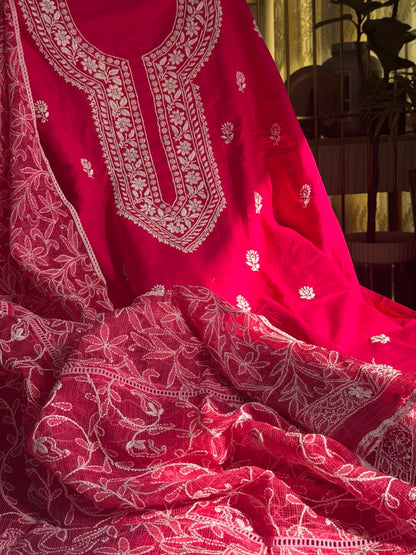 Ensemble Kurta en voile de pur coton avec motifs Chikankari Boota et Jaal et dupatta Kota (ensemble de 2) (non cousu)
