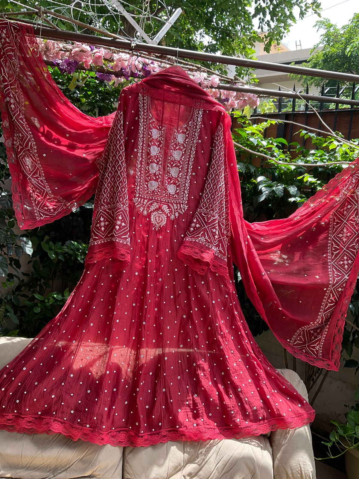 Pure Mulmul Anarkali Suit Set with Chikankari & Cutdana Work with Embroidered Dupatta (Set of 3) (Semi-stitched)