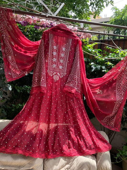 Pure Mulmul Anarkali Suit Set with Chikankari & Cutdana Work with Embroidered Dupatta (Set of 3) (Semi-stitched)