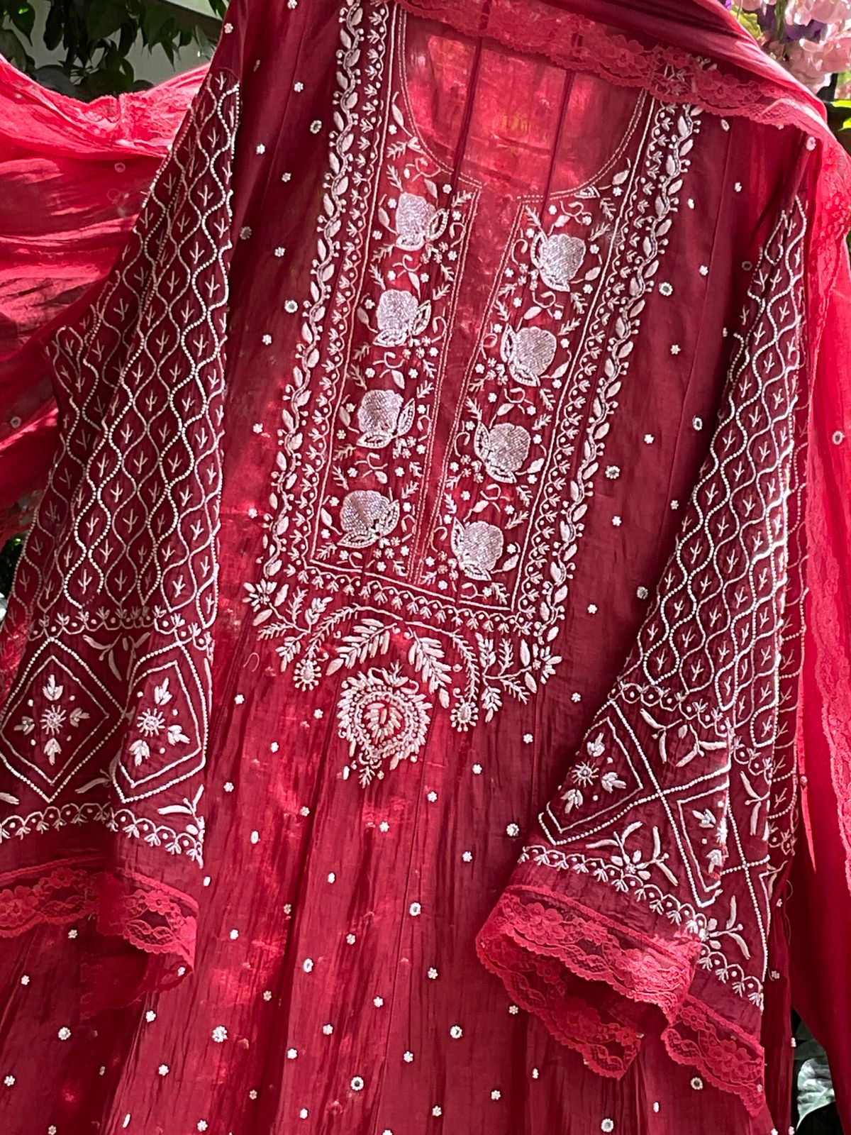 Pure Mulmul Anarkali Suit Set with Chikankari & Cutdana Work with Embroidered Dupatta (Set of 3) (Semi-stitched)