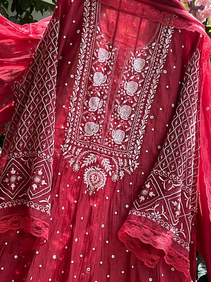 Pure Mulmul Anarkali Suit Set with Chikankari & Cutdana Work with Embroidered Dupatta (Set of 3) (Semi-stitched)