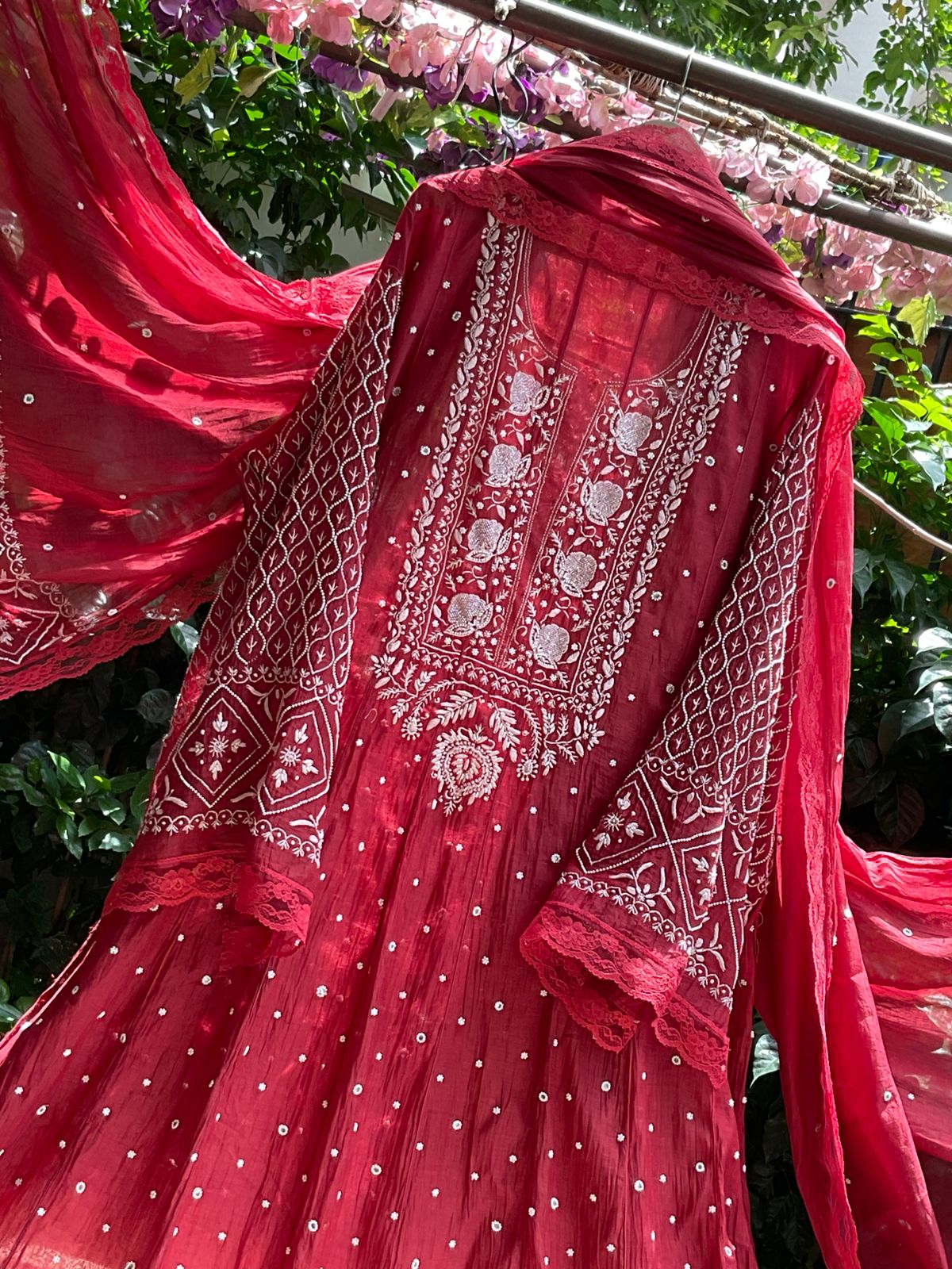 Pure Mulmul Anarkali Suit Set with Chikankari & Cutdana Work with Embroidered Dupatta (Set of 3) (Semi-stitched)