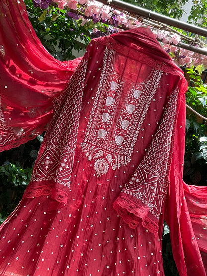 Pure Mulmul Anarkali Suit Set with Chikankari & Cutdana Work with Embroidered Dupatta (Set of 3) (Semi-stitched)