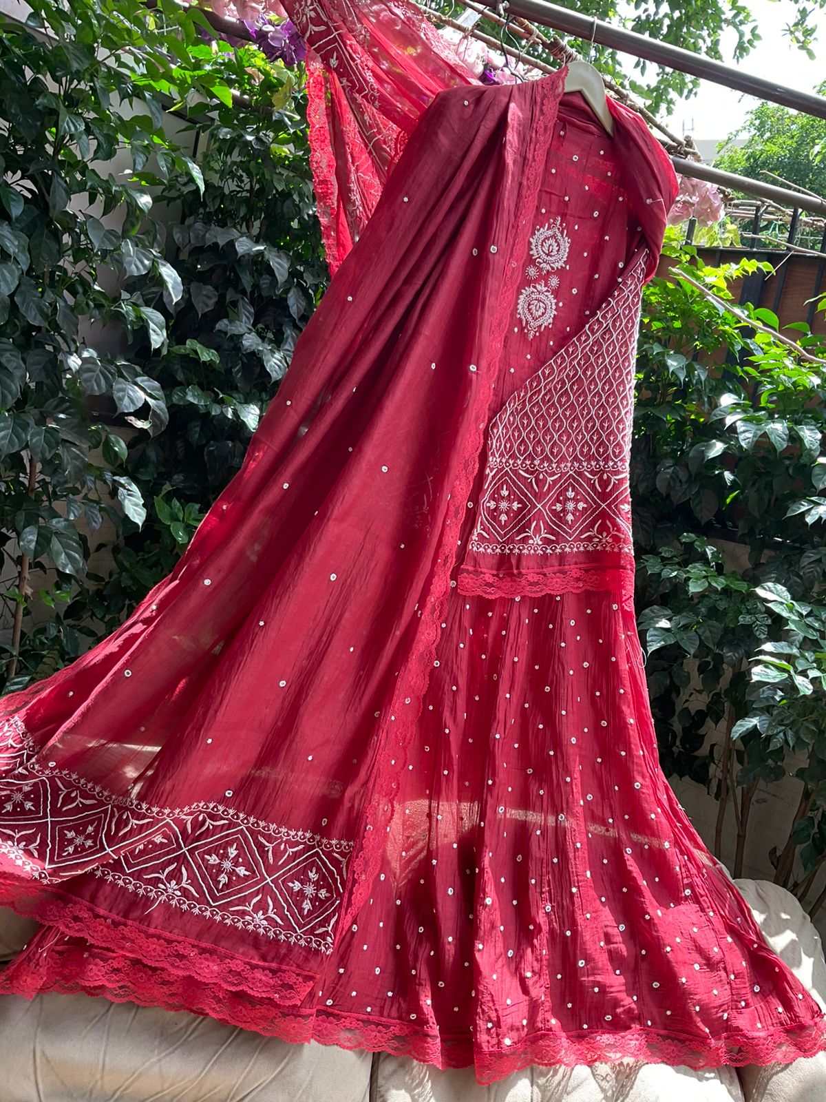 Pure Mulmul Anarkali Suit Set with Chikankari & Cutdana Work with Embroidered Dupatta (Set of 3) (Semi-stitched)