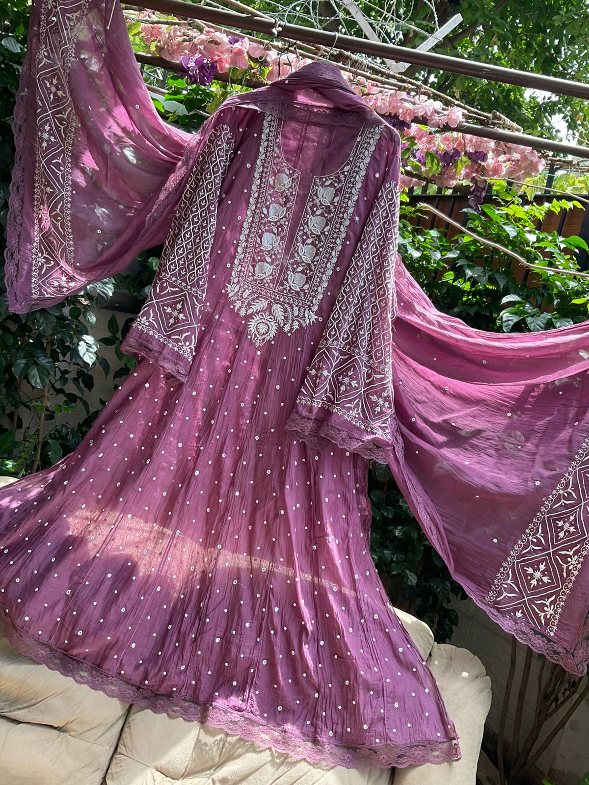 Pure Mulmul Anarkali Suit Set with Chikankari & Pearl-Mirror Work with Embroidered Dupatta (Set of 3) (Semi-stitched)