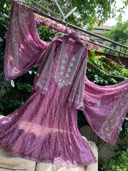 Pure Mulmul Anarkali Suit Set with Chikankari & Pearl-Mirror Work with Embroidered Dupatta (Set of 3) (Semi-stitched)