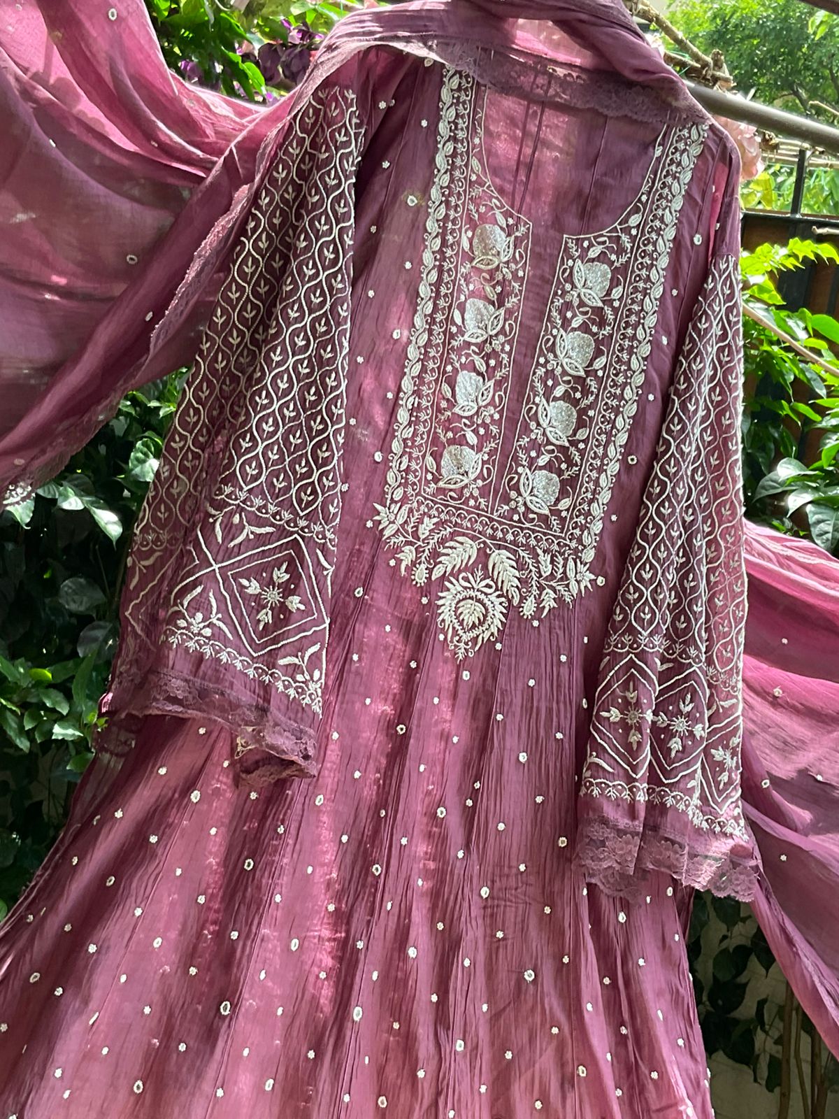 Pure Mulmul Anarkali Suit Set with Chikankari & Pearl-Mirror Work with Embroidered Dupatta (Set of 3) (Semi-stitched)
