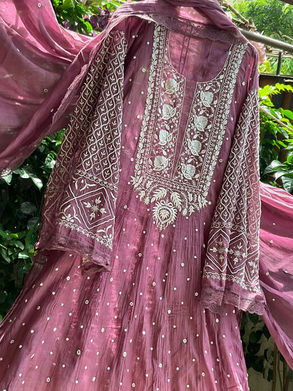 Pure Mulmul Anarkali Suit Set with Chikankari & Pearl-Mirror Work with Embroidered Dupatta (Set of 3) (Semi-stitched)