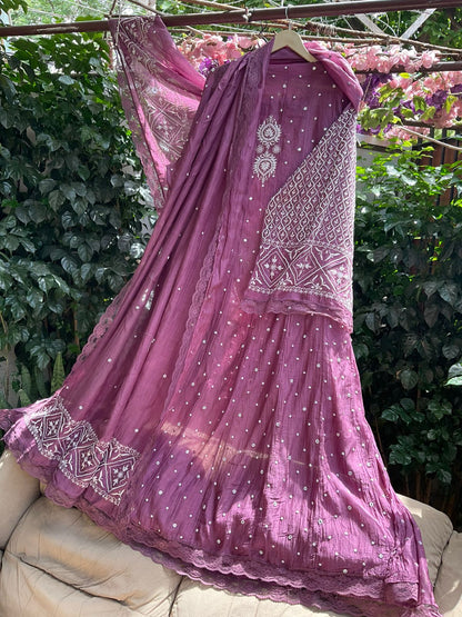 Pure Mulmul Anarkali Suit Set with Chikankari & Pearl-Mirror Work with Embroidered Dupatta (Set of 3) (Semi-stitched)