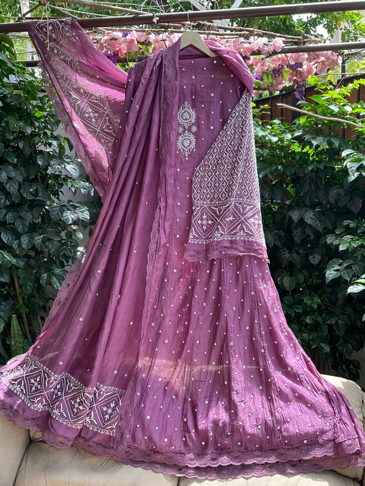Pure Mulmul Anarkali Suit Set with Chikankari & Pearl-Mirror Work with Embroidered Dupatta (Set of 3) (Semi-stitched)