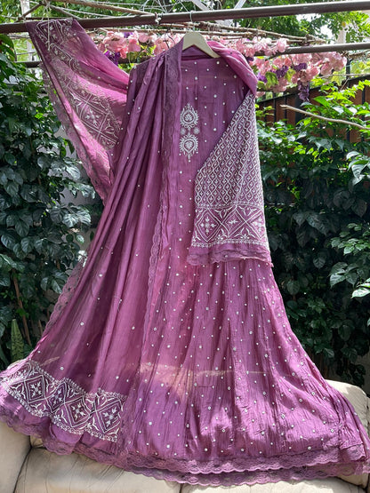 Pure Mulmul Anarkali Suit Set with Chikankari & Pearl-Mirror Work with Embroidered Dupatta (Set of 3) (Semi-stitched)