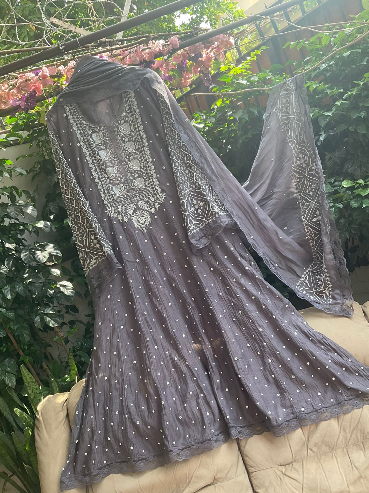 Pure Mulmul Anarkali Suit Set with Chikankari & Cutdana-Pearl Work with Embroidered Dupatta (Set of 3) (Semi-stitched)