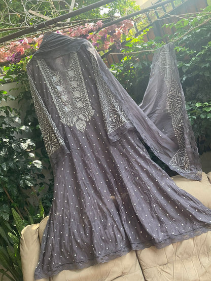 Pure Mulmul Anarkali Suit Set with Chikankari & Cutdana-Pearl Work with Embroidered Dupatta (Set of 3) (Semi-stitched)