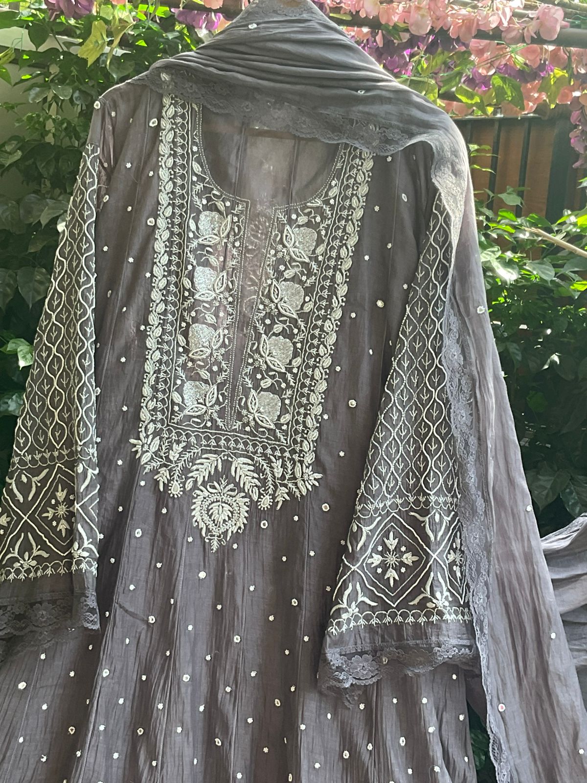 Pure Mulmul Anarkali Suit Set with Chikankari & Cutdana-Pearl Work with Embroidered Dupatta (Set of 3) (Semi-stitched)