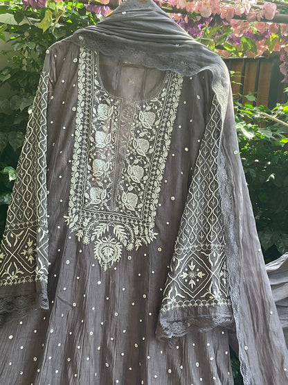 Pure Mulmul Anarkali Suit Set with Chikankari & Cutdana-Pearl Work with Embroidered Dupatta (Set of 3) (Semi-stitched)