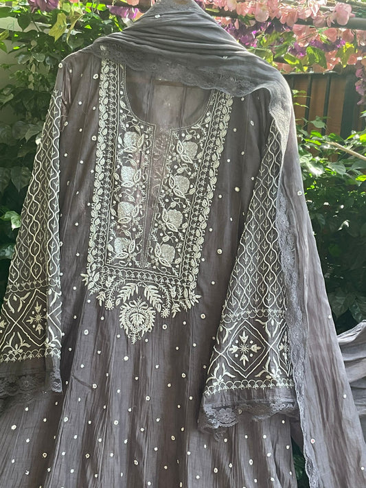 Pure Mulmul Anarkali Suit Set with Chikankari & Cutdana-Pearl Work with Embroidered Dupatta (Set of 3) (Semi-stitched)