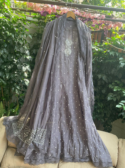 Pure Mulmul Anarkali Suit Set with Chikankari & Cutdana-Pearl Work with Embroidered Dupatta (Set of 3) (Semi-stitched)