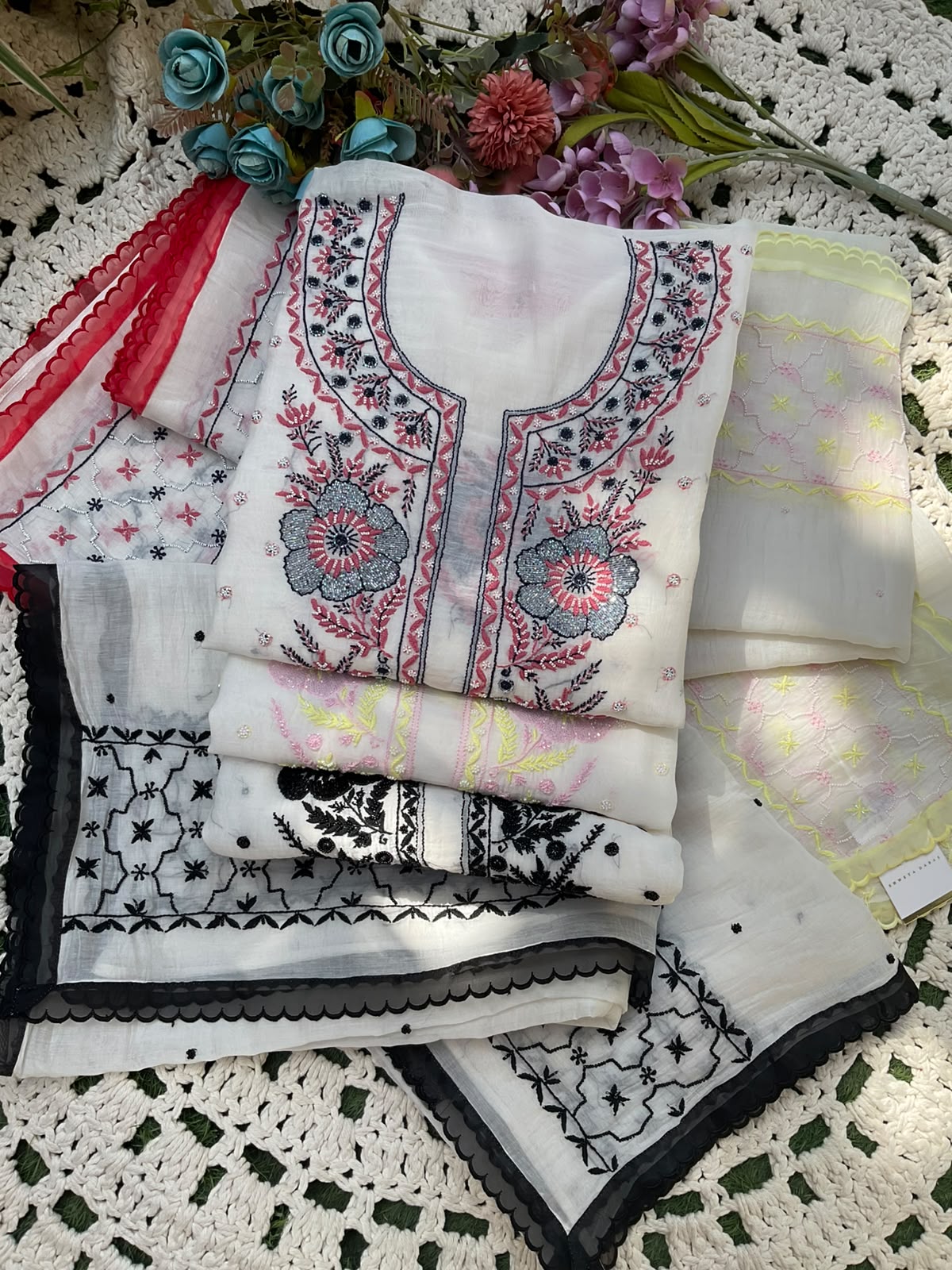 Pure Mulmul Kurta Set with Multicolour Chikankari & Pearl-Cutdana Work with Scalloped Dupatta (Set of 3) (Semi-stitched)