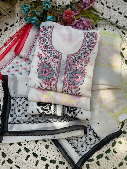 Pure Mulmul Kurta Set with Multicolour Chikankari & Pearl-Cutdana Work with Scalloped Dupatta (Set of 3) (Semi-stitched)
