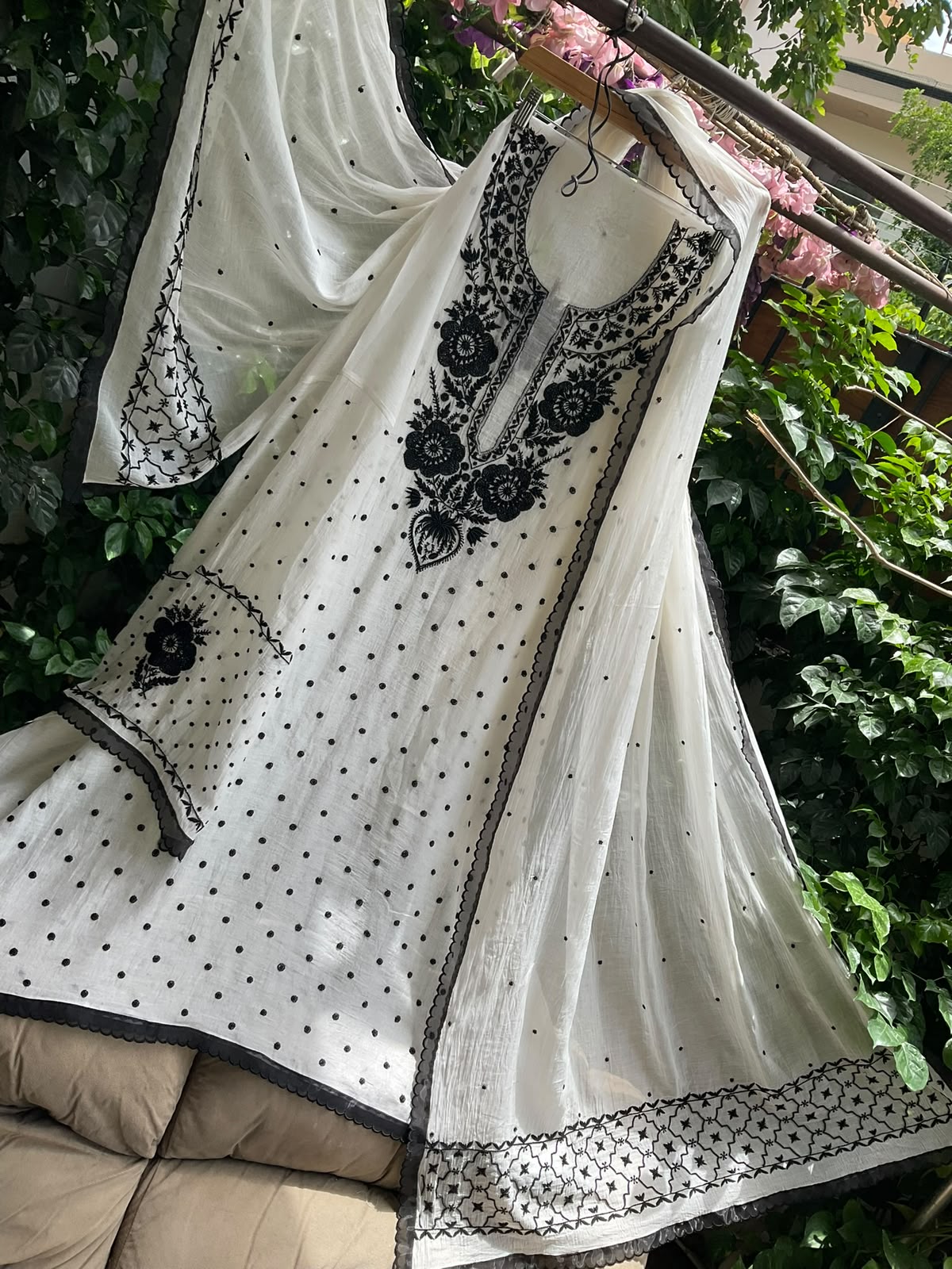 Pure Mulmul Kurta Set with Multicolour Chikankari & Pearl-Cutdana Work with Scalloped Dupatta (Set of 3) (Semi-stitched)