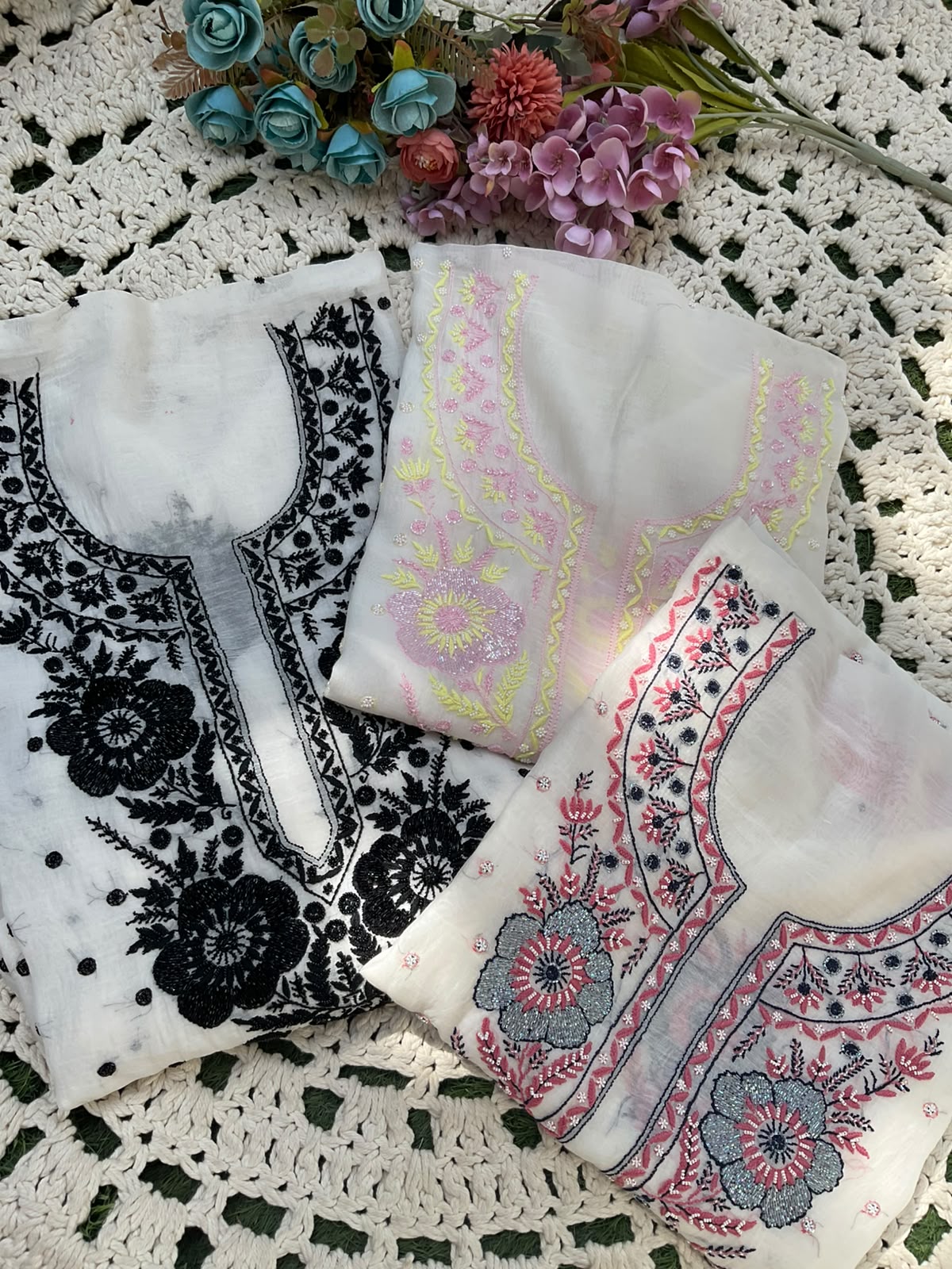 Pure Mulmul Kurta Set with Multicolour Chikankari & Pearl-Cutdana Work with Scalloped Dupatta (Set of 3) (Semi-stitched)